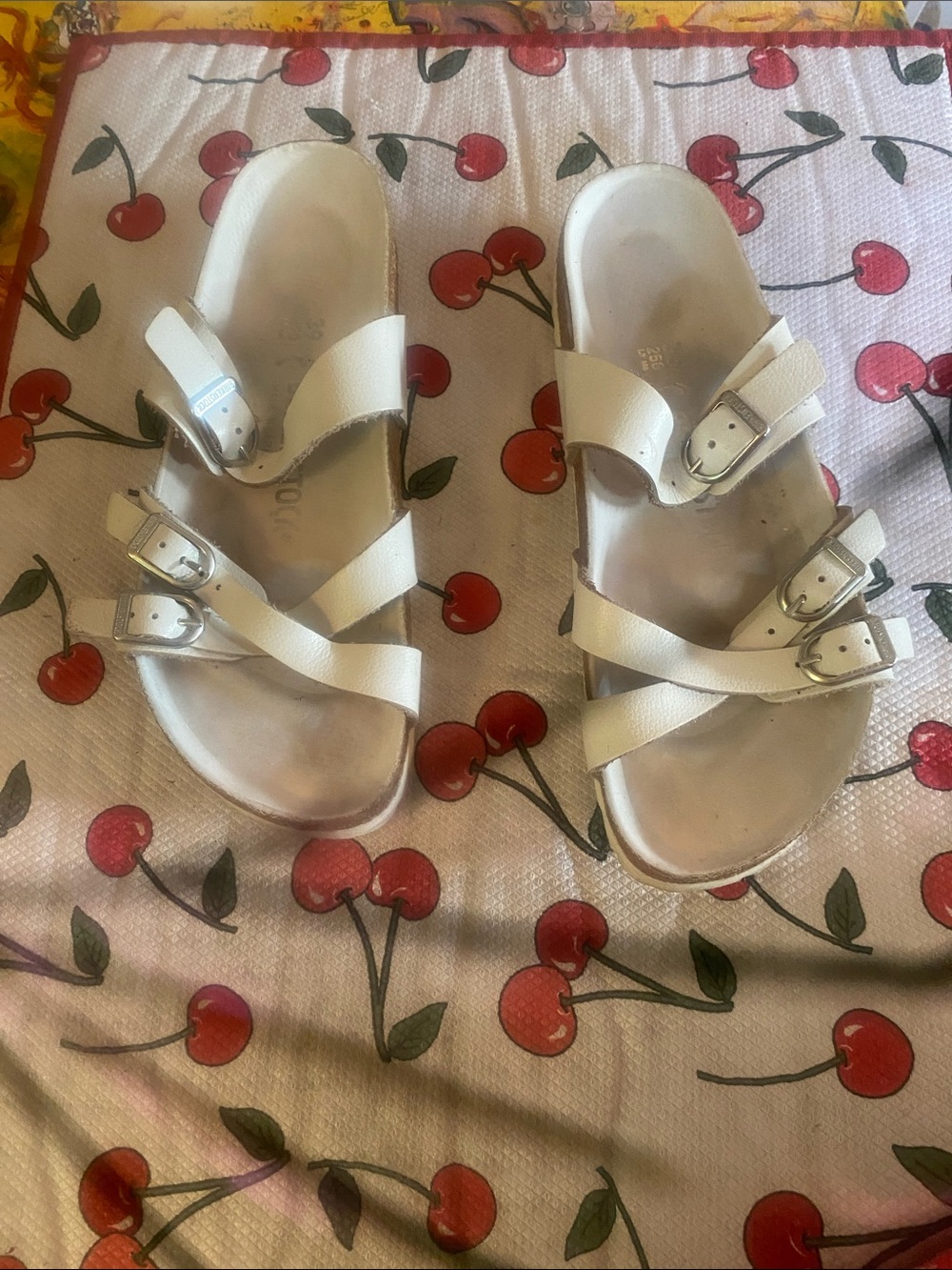 Birkenstock White Franca  Triple-Buckle Leather Slide Sandals